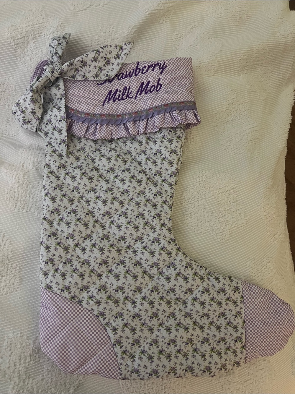 Floral Lavender Christmas Stocking - 'Strawberry Mill Mob' Embroidery